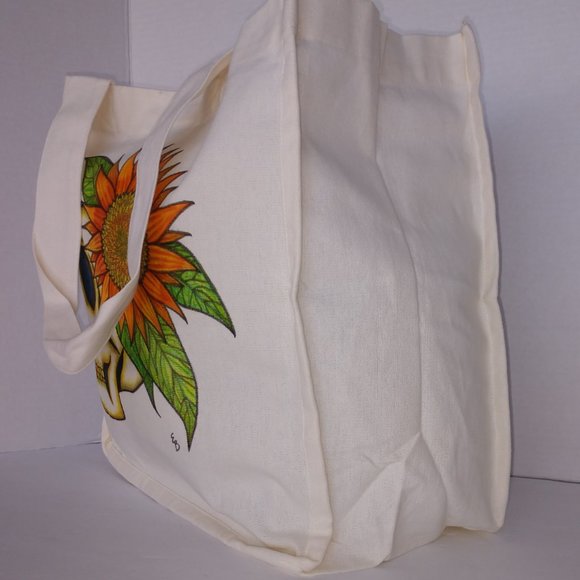 Hand Painted Skull Tote Bag: Sunflower Art, Reusable Canvas Bag 14x13x7 - Picture 14 of 16